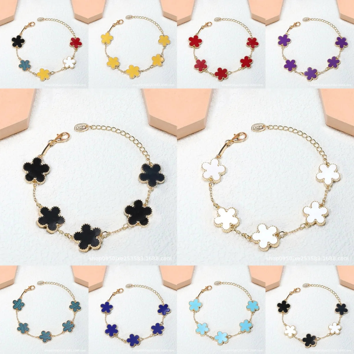 Double Sided Plant Five Leaf Plum Blossom Charm Bracelets for Women Girl Fashion Waterproof Clover Jewelry Best Friends Gifts