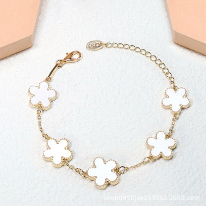 Double Sided Plant Five Leaf Plum Blossom Charm Bracelets for Women Girl Fashion Waterproof Clover Jewelry Best Friends Gifts
